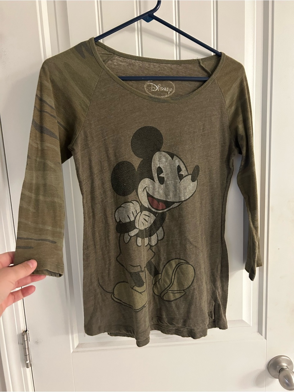 Disney Mickey Mouse Olive Green Burnout 3/4 Sleeve Graphic Tee Medium
